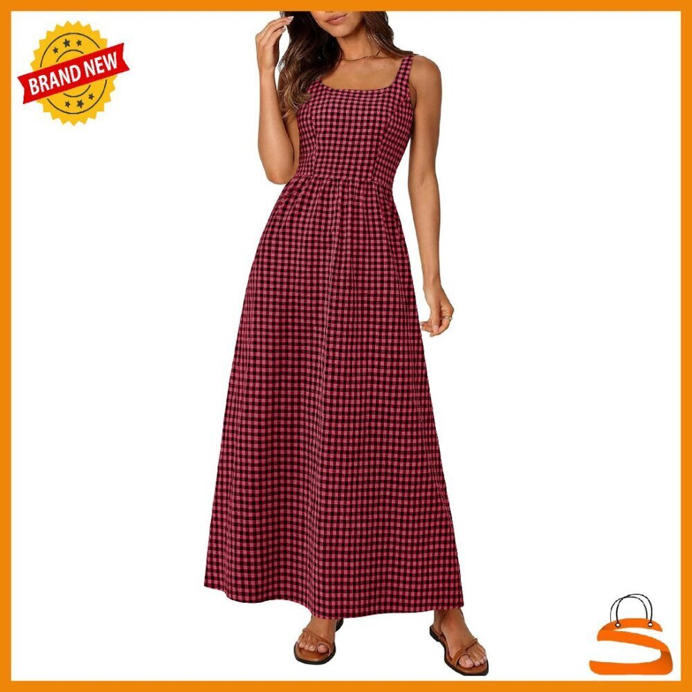 Spaghetti Strap Maxi Dress Plaid Square Neck A-Line Pockets